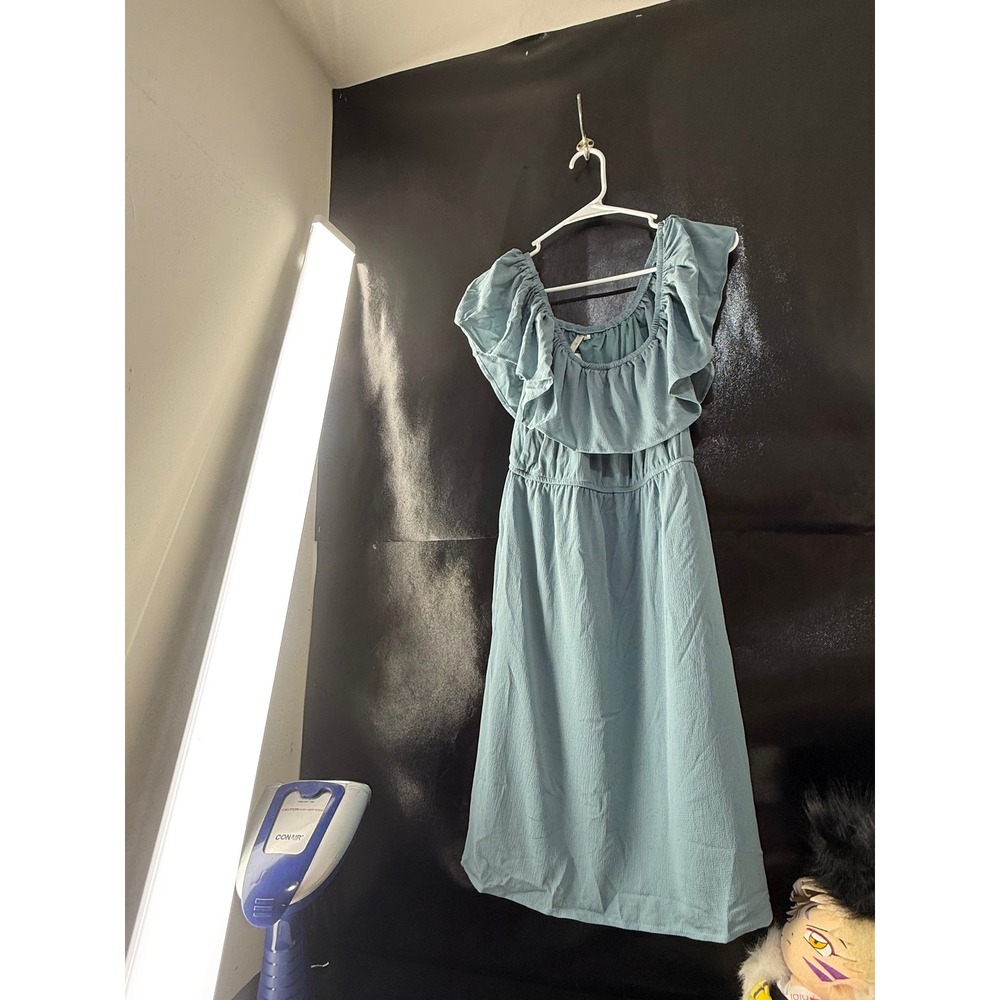 Womens Light Blue Ruffle Neck Elastic Waist Textured Midi Dress Size Small
